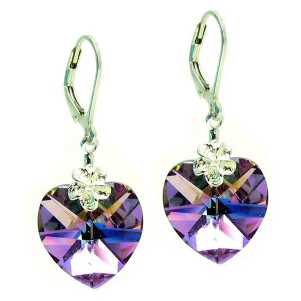 Swarovski Crystal Flower Love Heart Purple Sterling Silver Leverback Dangle Earrings