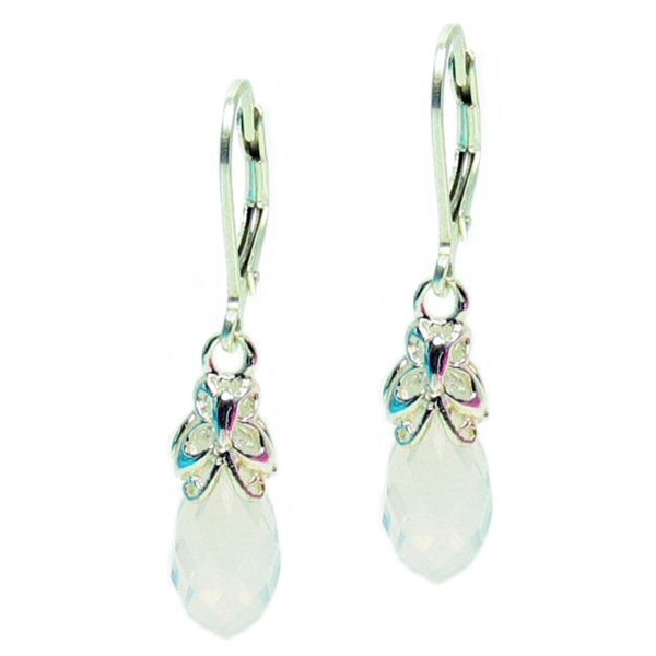 Sterling Shiny Butterfly Teardrop Briolette Swarovski Crystal White Opal Dangle Leverback Earrings
