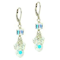 Sterling Shiny Cube call Swarovski Crystal Clear AB Chandelier Dangle Leverback Earrings