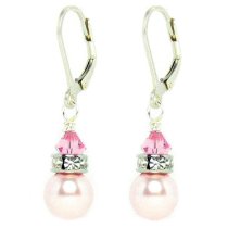 Cute Pink Swarovski Elements Crystal-pearl Silver Leverback Earrings Made w/ Swarovski Elements