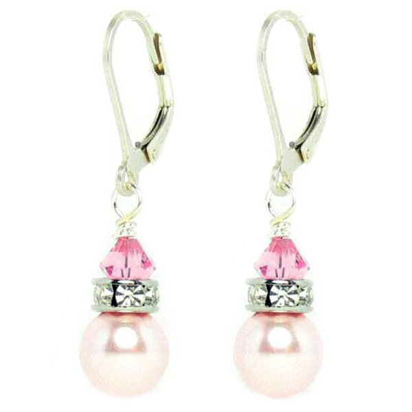 Cute Pink Swarovski Elements Crystal-pearl Silver Leverback Earrings Made w/ Swarovski Elements
