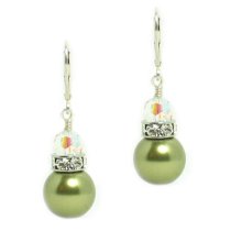 Sterling Silver Clear AB Olivine Green Swarovski Crystal Pearl Leverback Dangle Earrings