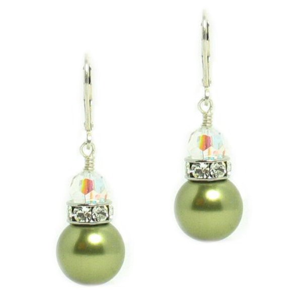 Sterling Silver Clear AB Olivine Green Swarovski Crystal Pearl Leverback Dangle Earrings