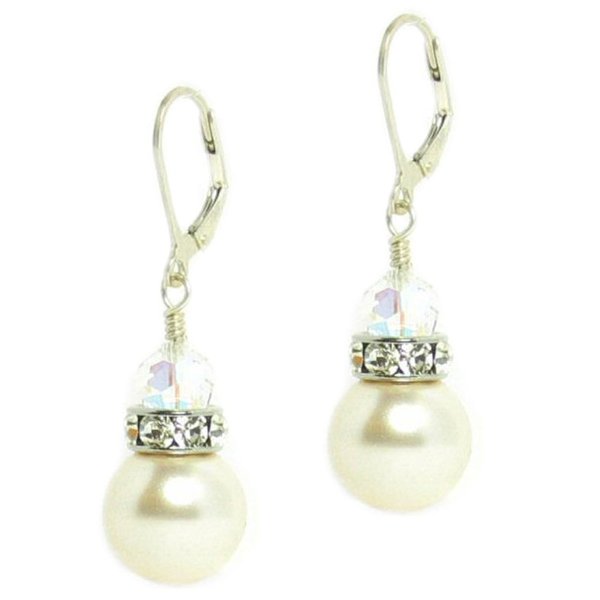 Sterling Silver Clear AB White Swarovski Crystal Pearl Leverback Dangle Earrings