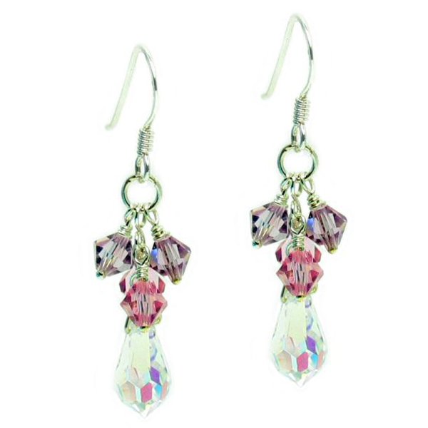 Sterling Silver Clear AB Pink Swarovski Crystal Teardrop Dangle Earrings