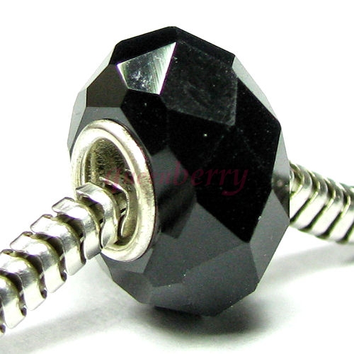 Sterling Silver Jet Black Crystal Dangle Bead Compatible with European Story Charm 3mm Snake Cable Chain Bracelets
