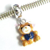Enamel Sterling Silver Brown Teddy Bear Dangle Bead for European Charm Bracelets