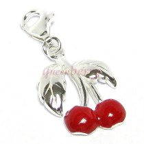 Enamel STERLING SILVER Red Cherry fruit Dangle CHARM Pendant for European Style Clip on Charm