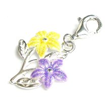 STERLING SILVER Yellow Purple Flower and Leaves Dangle CHARM Pendant for European Style Clip on Charm