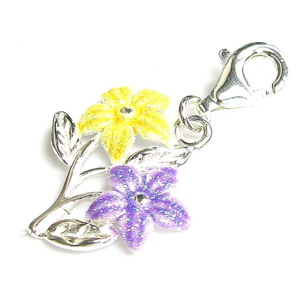 STERLING SILVER Yellow Purple Flower and Leaves Dangle CHARM Pendant for European Style Clip on Charm