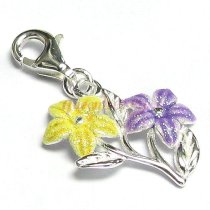 STERLING SILVER Yellow Purple Flower and Leaves Dangle CHARM Pendant for European Style Clip on Charm