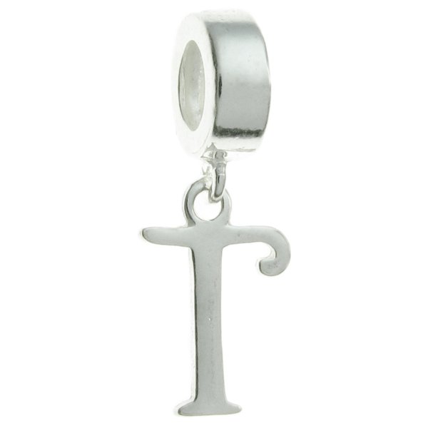 Sterling Silver Letter Initial T Dangle Bead for European Charm Bracelets