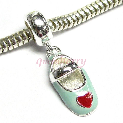 Sterling Silver Enamel Girl Lady Heart Shoes Dangle Bead for European Charm Bracelets
