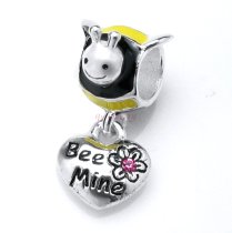 Sterling Silver Honey Bee Mine Pink CZ Love Heart Dangle Bead for Pandora Troll Chamilia Biagi European Charm Bracelets