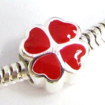 STERLING Silver RED Enamel Four Leaf Clover HEART bead for European Charm Bracelets