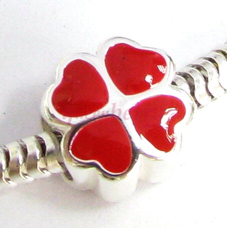 STERLING Silver RED Enamel Four Leaf Clover HEART bead for European Charm Bracelets