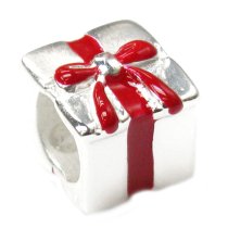 Sterling Silver Enamel Red Gift Box Bead for European Charm Bracelets