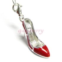 STERLING SILVER Ruby Red Enamel Slipper High Heel Shoe 3D Dangle CHARM Pendant for European Style Clip on Charm w/ lobster Clasp
