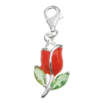 STERLING SILVER Pink Rose Enamel Flower Green CZ Dangle Bead European Clip on Charm Pendant w/ Lobster clasp