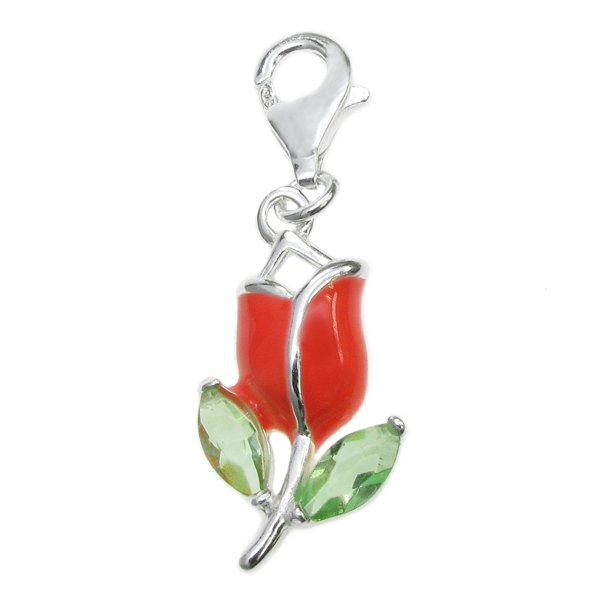 STERLING SILVER Pink Rose Enamel Flower Green CZ Dangle Bead European Clip on Charm Pendant w/ Lobster clasp