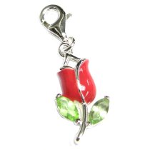 STERLING SILVER Pink Rose Enamel Flower Green CZ Dangle Bead European Clip on Charm Pendant w/ Lobster clasp