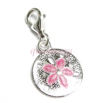 STERLING SILVER Pink Enamel Flower Dangle Pendant for European Clip on Charm Bracelet w/ lobster clasp