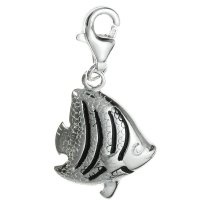 STERLING SILVER Tropical Coral Reef Fish Black Enamel Dangle Bead for European Clip on Charm Bracelet w/ Lobster Clasp