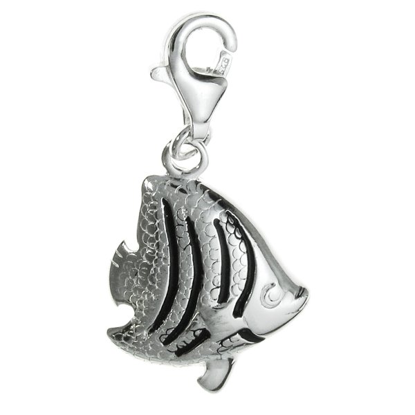 STERLING SILVER Tropical Coral Reef Fish Black Enamel Dangle Bead for European Clip on Charm Bracelet w/ Lobster Clasp