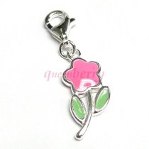 STERLING SILVER Pink Enamel Daisy Flower Dangle Pendant for European Clip on Charm w/ Lobster Clasp