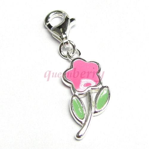 STERLING SILVER Pink Enamel Daisy Flower Dangle Pendant for European Clip on Charm w/ Lobster Clasp
