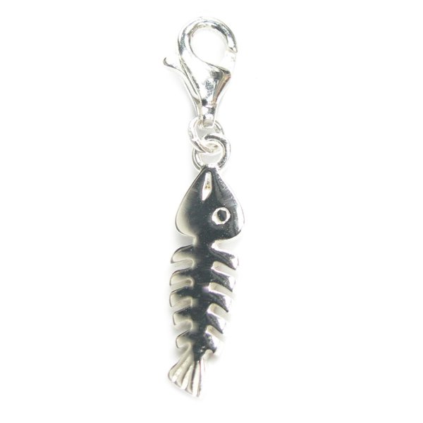 STERLING SILVER Fish Bone Dangle Pendant for European Clip on Charm Bracelet W/ Lobster Clasp
