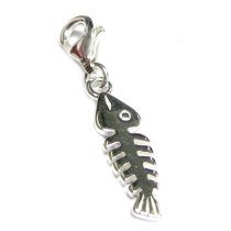 STERLING SILVER Fish Bone Dangle Pendant for European Clip on Charm Bracelet W/ Lobster Clasp