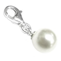 STERLING SILVER Swarovski White Pearl Pendant Bead for European Clip on Charm Bracelet w/ Lobster Clasp