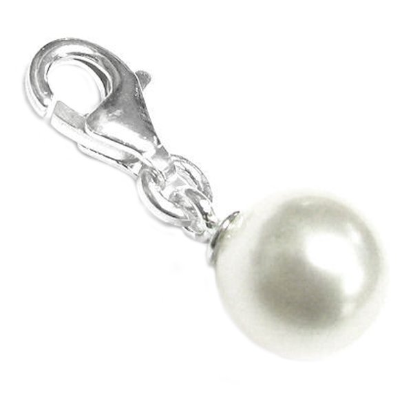 STERLING SILVER Swarovski White Pearl Pendant Bead for European Clip on Charm Bracelet w/ Lobster Clasp