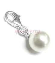 STERLING SILVER Swarovski White Pearl Pendant Bead for European Clip on Charm Bracelet w/ Lobster Clasp