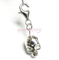 STERLING SILVER Skeleton Skull Head Dangle for European Clip on Charm Bracelet w/ Lobster