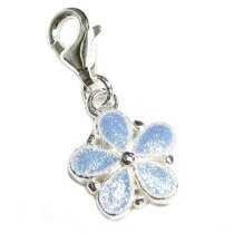 STERLING SILVER Blue Enamel Daisy Flower Dangle for European Clip on Charm Bracelet w/ Lobster Clasp