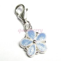 STERLING SILVER Blue Enamel Daisy Flower Dangle for European Clip on Charm Bracelet w/ Lobster Clasp