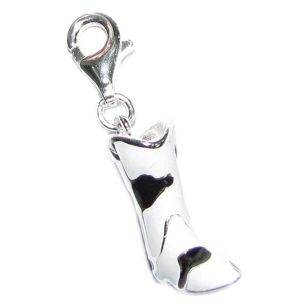 STERLING SILVER Black White Leopard Enamel Boot Dangle for European Clip on Charm Bracelet w/ Lobster Clasp 3D