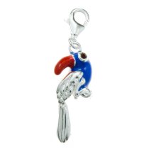 STERLING SILVER Blue Red Enamel Parrot Macaw Bird 3D Dangle for European Clip on Charm Bracelet w/ Lobster Clasp