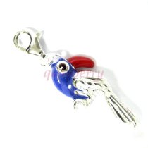 STERLING SILVER Blue Red Enamel Parrot Macaw Bird 3D Dangle for European Clip on Charm Bracelet w/ Lobster Clasp