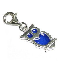 STERLING SILVER Blue Enamel Owl Bird Dangle f/ European Clip on Charm Bracelet w/ Lobster Clasp