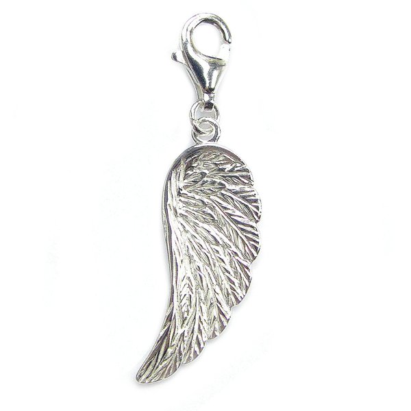 STERLING SILVER Angel Wing Feather Dangle for European Clip on Charm Bracelet w/ Lobster Clasp