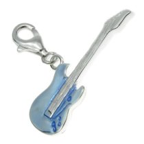 STERLING SILVER Blue Enamel Guitar Dangle for European Clip on Charm Bracelet w/ Lobster Clasp
