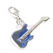 STERLING SILVER Blue Enamel Guitar Dangle for European Clip on Charm Bracelet w/ Lobster Clasp