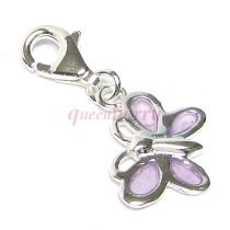 STERLING SILVER Purple Enamel Butterfly Dangle for European Clip on Charm Bracelets w/ Lobster Clasp
