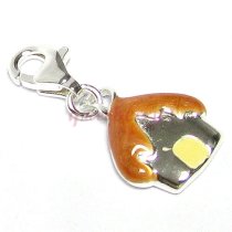 STERLING SILVER Brown Yellow Enamel House Dangle for European Clip on Charm Bracelets w/ Lobster Clasp