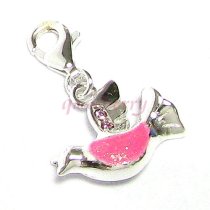 STERLING SILVER Pink Enamel Dove Bird Peace CZ Dangle for European Clip on Charm Bracelets W/ Lobster Clasp