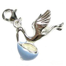 STERLING SILVER Stork Bird Baby Carrier Enamel Dangle Pendant European Clip on Charm w/ Lobster