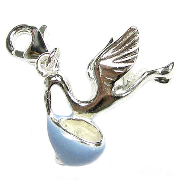 STERLING SILVER Stork Bird Baby Carrier Enamel Dangle Pendant European Clip on Charm w/ Lobster